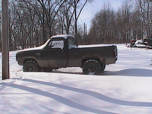 Dark pickup truck with snow on roof, seen from the side in a snowy yard
