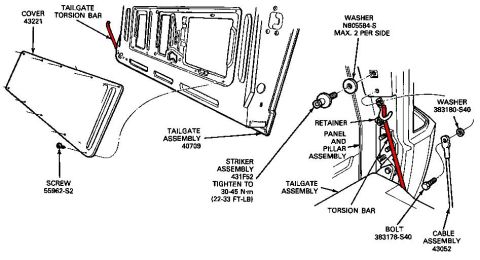 1986 Ford Bronco - Support the tailgate while slightly open, and remove the torsion bar retainer from the body.