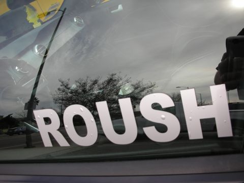 1998 Ford Crown Victoria - Large white 'ROUSH' lettering is decaled across a car's tinted rear window, reflecting bare trees and parking-lot surroundings.