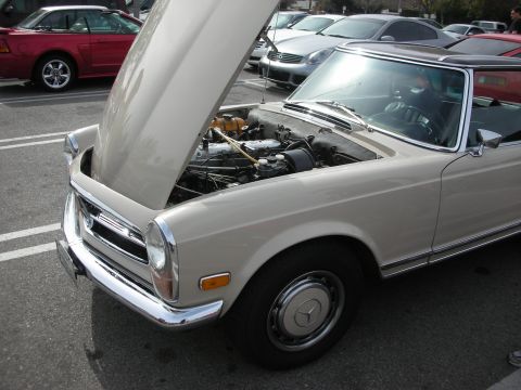 1998 Ford Crown Victoria - cream-colored vintage Mercedes-Benz convertible sits with its hood raised in a parking lot, hubcap star visible.