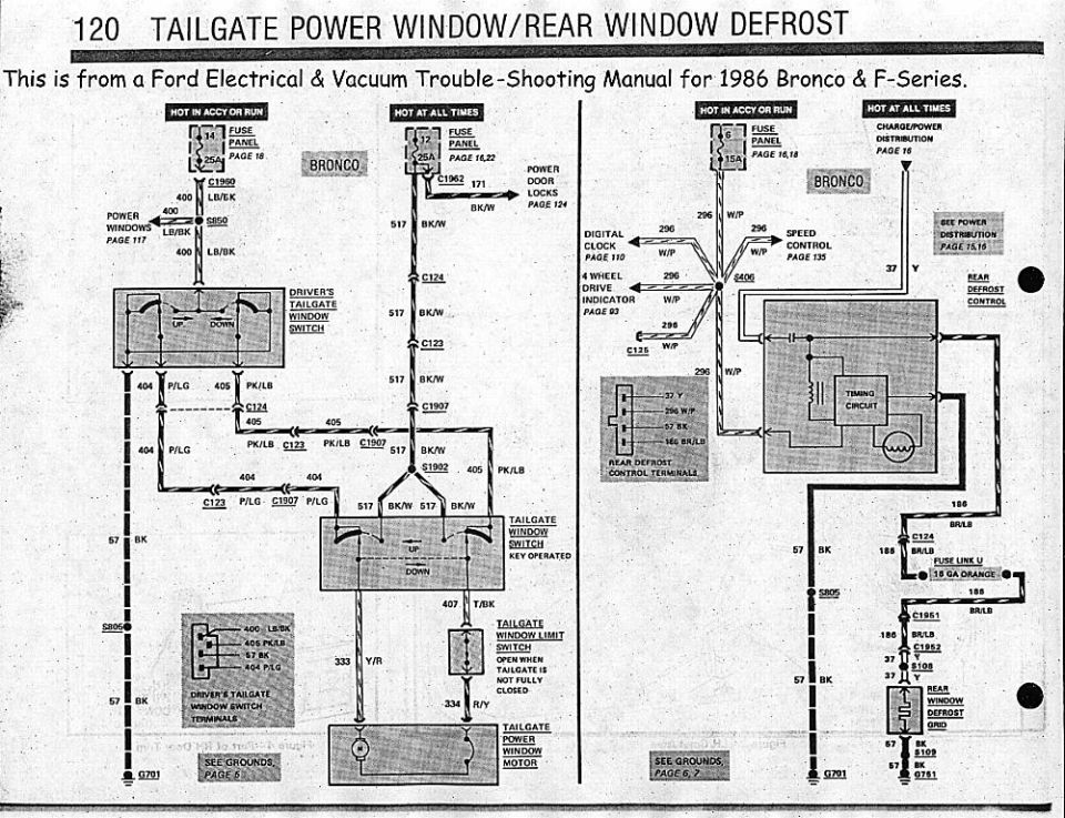Wiring schematic for window, aplies to 1980 - 1986 Broncos.  Ford changed the look and moved the dash switch but it works the same way.