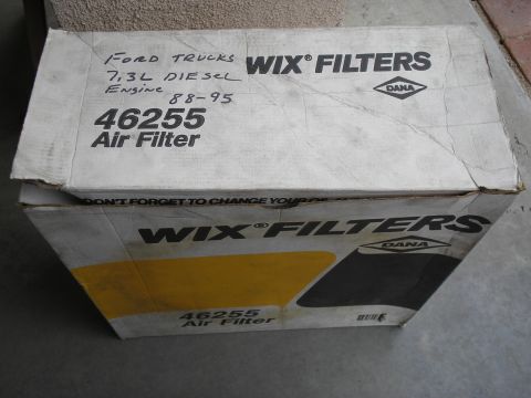 1999 Ford F-800 - A Wix Filters air filter box is shown, with handwritten details indicating it is for Ford trucks with a 7.3L diesel engine from 1988-1995.