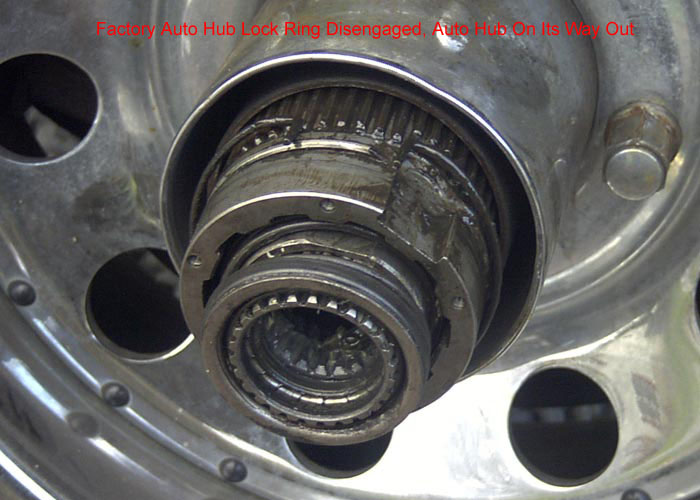 Close-up of disengaged auto hub lock ring on a vehicle wheel