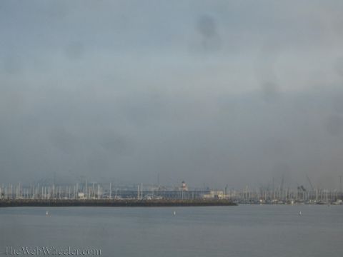 1990 Ford Bronco - Hazy view across calm harbor water toward a marina full of masts and shipping cranes, seen through a misty foreground.