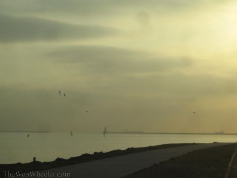 1990 Ford Bronco - Calm bay at dusk with birds in flight, a hazy sky, and a paved shoreline path curving along the water's edge.