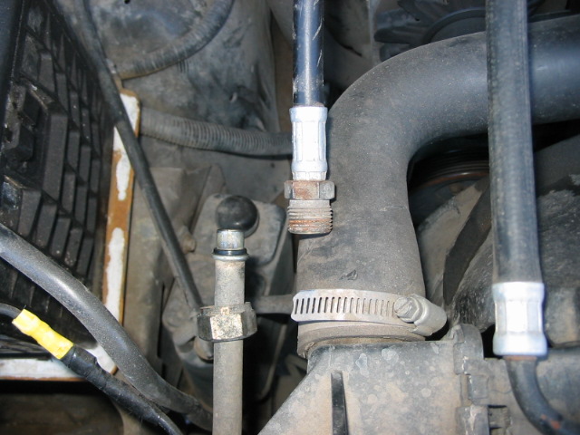 Close-up of engine bay showing radiator hose, coolant line, and throttle cable