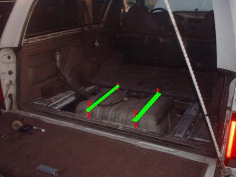 1991 Ford Bronco - The fuel tank is visible in the rear cargo area of this 1991 Ford Bronco.