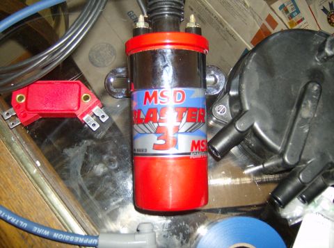 1996 Ford Probe - MSD Blaster 3 ignition coil, electronic ignition module, and distributor cap are shown together.