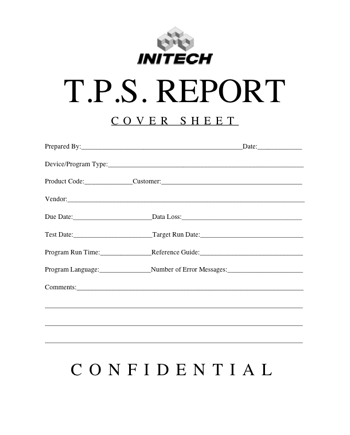 1988 Ford Bronco - This document is a cover sheet for a TPS report, detailing various fields for data entry and marked as confidential.