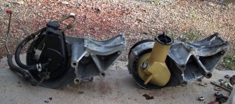 1986 Ford Bronco - Rear view of both pumps. notice the Sag pump output is straight back, while the original pump goes to the framerail.