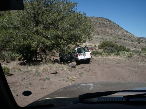 1996 Ford Bronco - A white SUV appears to be stuck on a rocky, off-road trail, partially under a large tree.