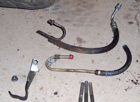 1986 Ford Bronco - Top: stock Bronco hp hose. Bottom: stock van return line. I used the stock Bronco HP hose which is better routed by frame and engine.