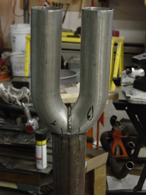 1991 Ford Bronco - Custom exhaust Y-pipe fabrication in progress, ready for welding and fitting.