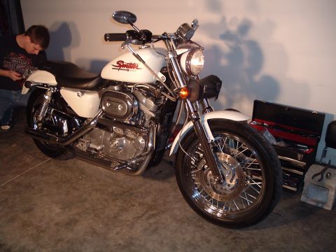 2000 Harley-Davidson Sportster - A white Harley-Davidson Sportster motorcycle is parked indoors, with a person visible in the background.