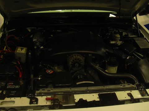 1996 Ford Crown Victoria - Engine bay of a 1996 Ford Crown Victoria, viewed from above with the hood raised.