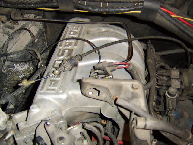 Ford aluminum valve cover with vacuum lines and wiring in engine bay