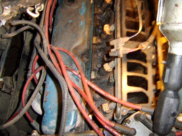 Greasy engine bay with red spark plug wires, exhaust manifold and blue block