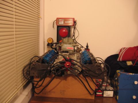 1988 Mercury Grand Marquis - engine as of Feb. '07 Carb, Intake, Heads, 1.72 Roller Rockers, Distributor with wires on, MSD 6A Box and Blaster 3 Coil.