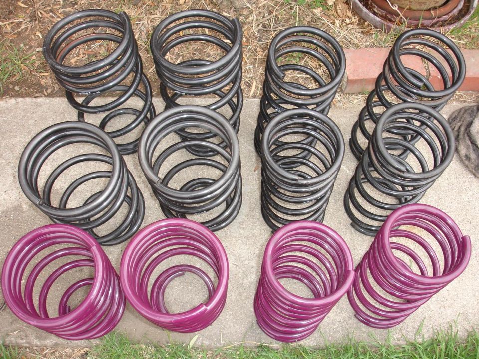 Several black and purple coil springs laid out on concrete and grass