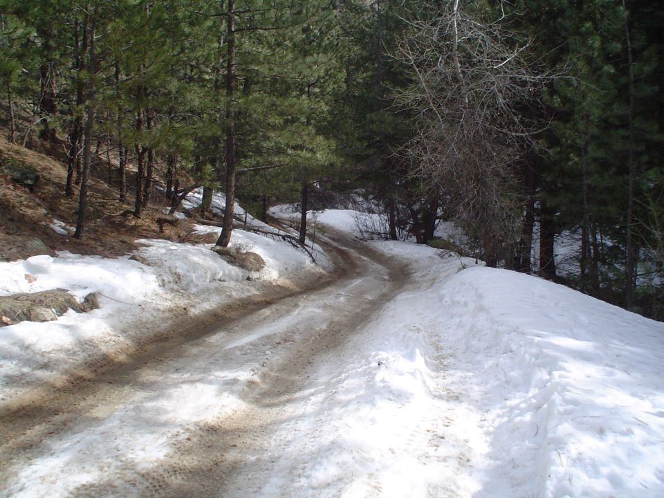 A long, steep icy hill that stopped more than one rig.