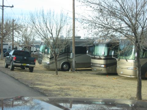 1996 Ford Bronco - A variety of recreational vehicles are parked in a lot, including several large motorhomes and a dark-colored pickup truck.