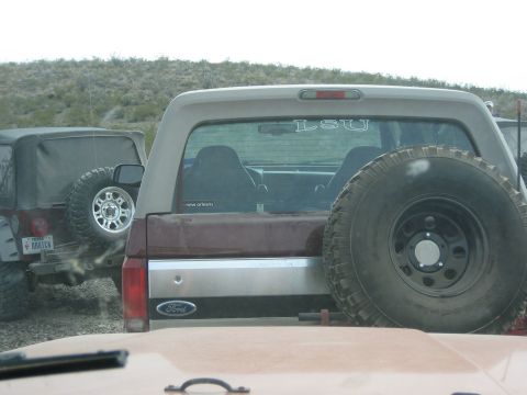 1996 Ford Bronco - Rear view of a Ford Bronco with an LSU sticker on the back window, parked alongside other vehicles.