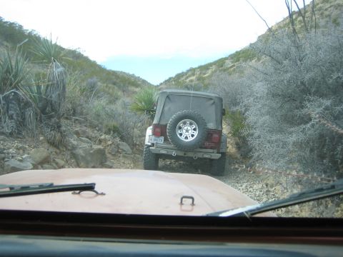 1996 Ford Bronco - Two vehicles navigate a rough, desert-like terrain with sparse vegetation under a cloudy sky.
