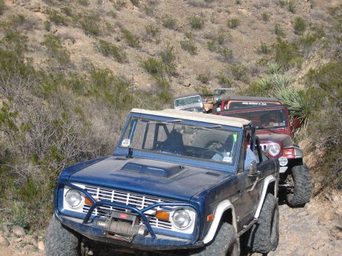 1996 Ford Bronco - A line of off-road vehicles, including a blue Ford Bronco, navigates a desert landscape.