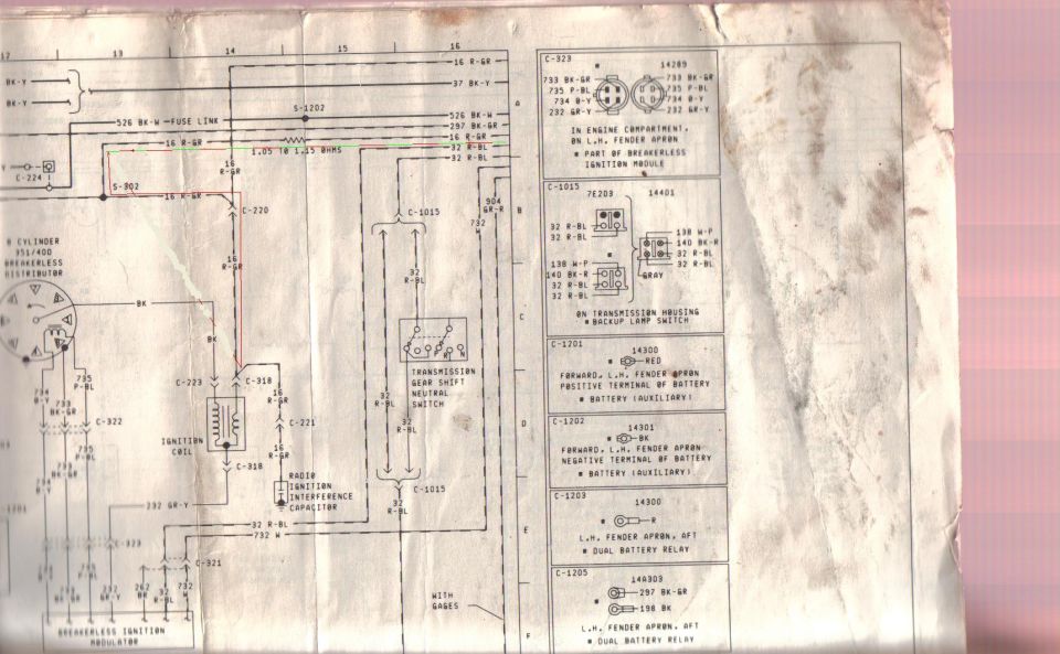 Faded breakerless ignition wiring diagram with connector and circuit color codes