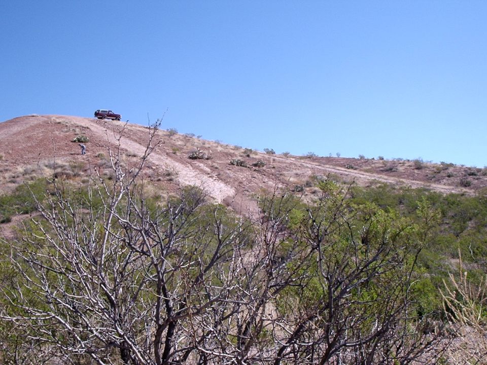 Dark pickup truck on a hill with scrub brush in foreground