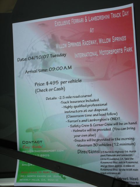 1998 Ford Crown Victoria - Promotional event flyer advertising a Ferrari and Lamborghini track day at Willow Springs Raceway with pricing and directions.