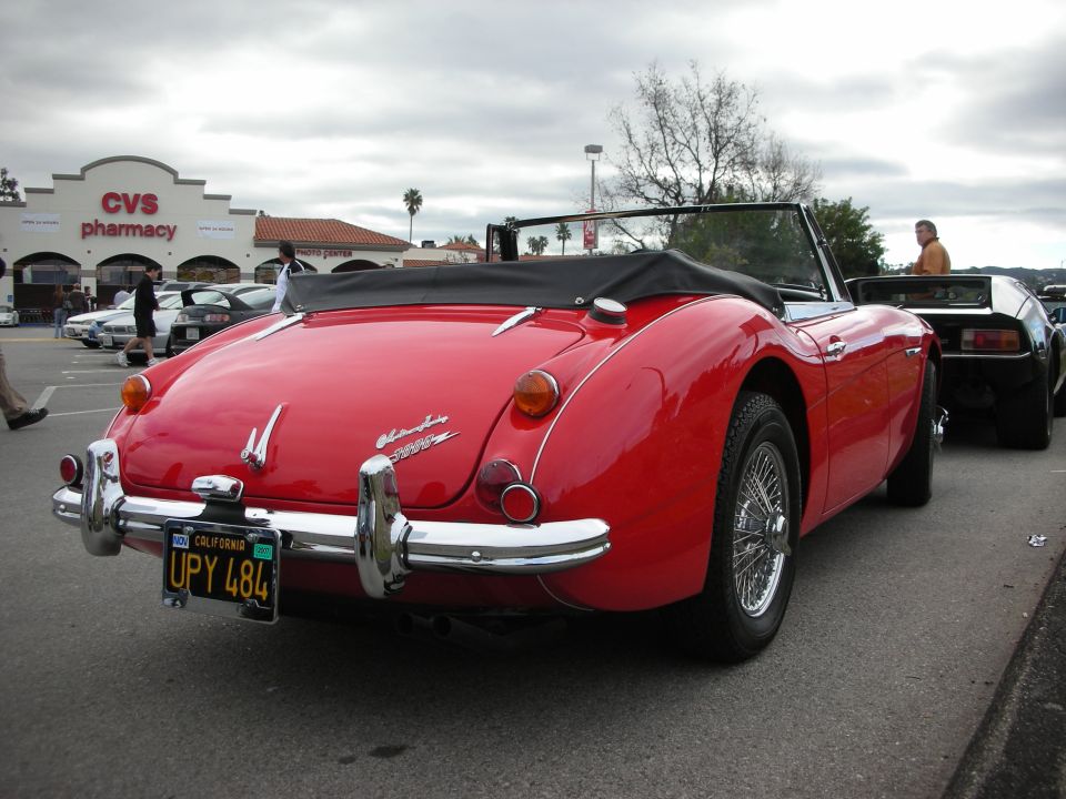 Red Austin-Healey 3000 convertible, rear view, plate UPY 484