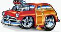 1989 Ford LTD Crown Victoria - A cartoon-style illustration of a red hot rod woody wagon with exaggerated oversized rear tires, wood-paneled sides, chrome front bumper an…