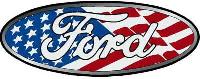 1989 Ford LTD Crown Victoria - A Ford oval emblem with the classic cursive 'Ford' script, filled with an American flag design featuring red and white stripes and white st…