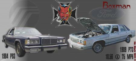 1989 Ford LTD Crown Victoria - A digital signature graphic showing two Ford sedans: a dark blue 1984 P93 in left profile and a light silver/blue 1989 P73 with its hood ra…