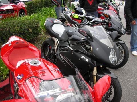 1998 Ford Crown Victoria - row of MV Agusta F4 sportbikes, including a matte-black F4, parked along a hedge at an outdoor bike meet.