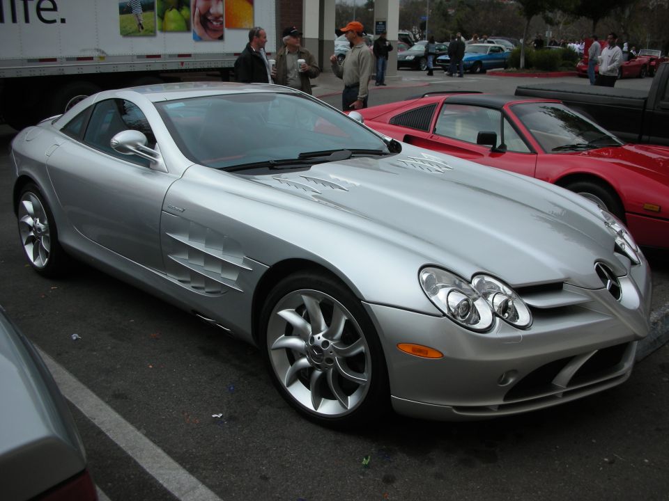Silver Mercedes-Benz SLR McLaren coupe, front three-quarter at a car show