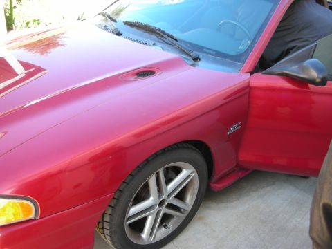 1998 Ford Crown Victoria - Close-up of a red Ford Mustang's front fender, cowl-vented hood and silver five-spoke wheel in a driveway.