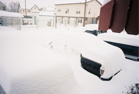 1989 Ford LTD Crown Victoria - A dark sedan buried under roughly a foot of fresh snow in a residential driveway, with only the tail panel, taillight and a corner of the t…