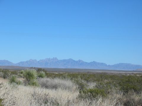 1996 Ford Bronco - A wide view of a desert landscape scrub brush and distant mountains under a bright blue sky.