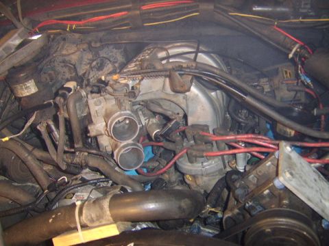 1989 Ford Bronco - Under-hood view of a Ford V8 with the intake tube removed, exposing the twin-bore throttle body on the EFI upper intake manifold. Red after…