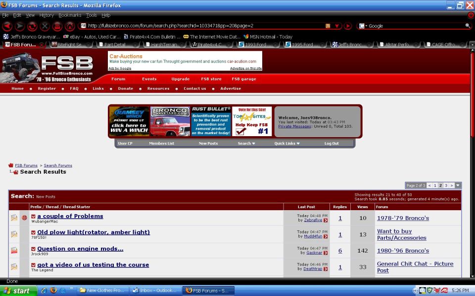Computer screen showing a forum's search results page with a list of threads