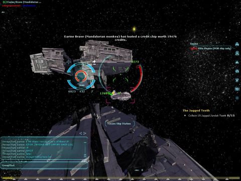 1990 Ford Probe - A view from a spaceship cockpit shows a large space station and other vessels in a starfield, with game interface elements.