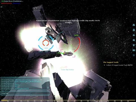 1990 Ford Probe - In-game screenshot shows a space battle with text overlays and UI elements.