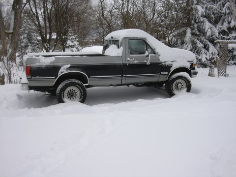 1996 Ford Crown Victoria - A two-tone pickup truck is partially buried in snow on a cloudy day.