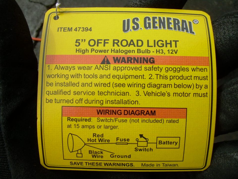 U.S. General 5" off road light tag, item 47394, with warnings and wiring diagram