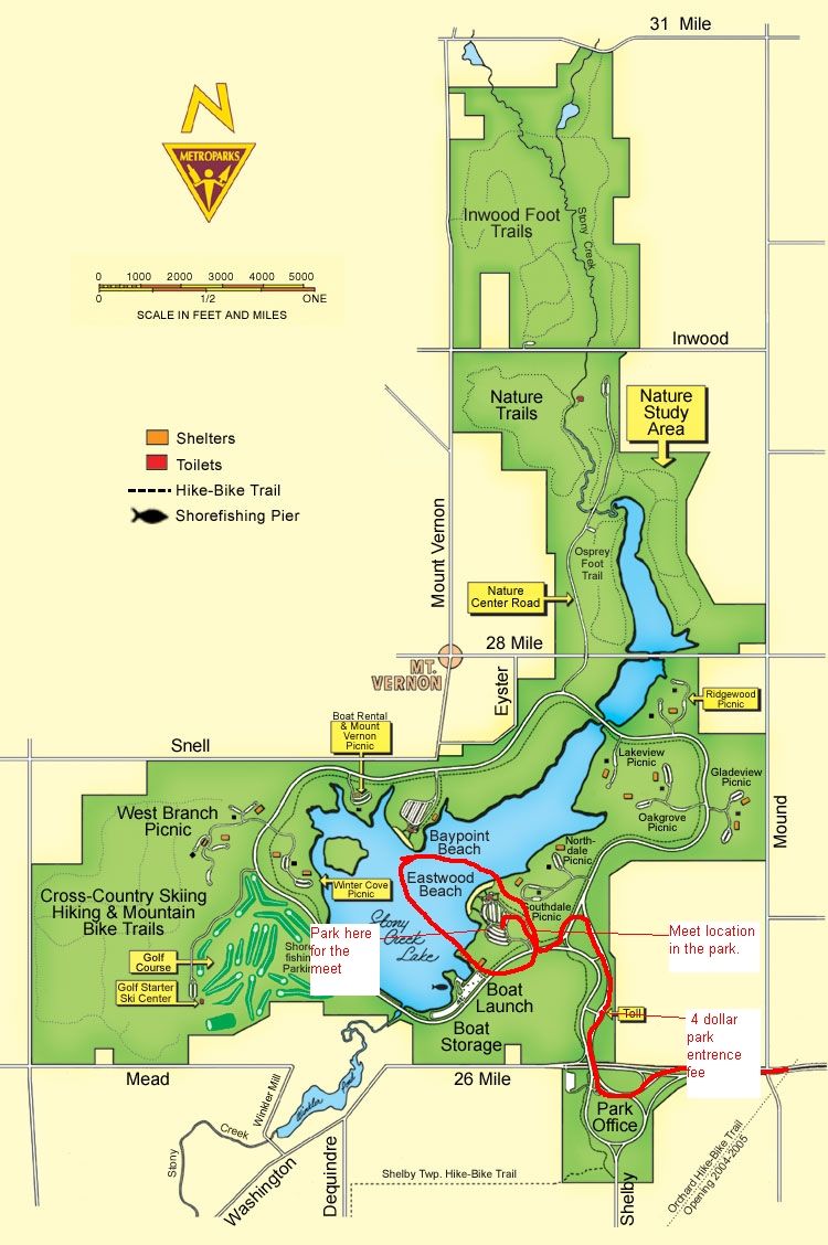Color park map showing trails, beaches, boat launch and meet location
