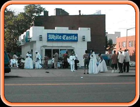 1989 Ford Bronco - Wedding party gathers outside a White Castle restaurant.