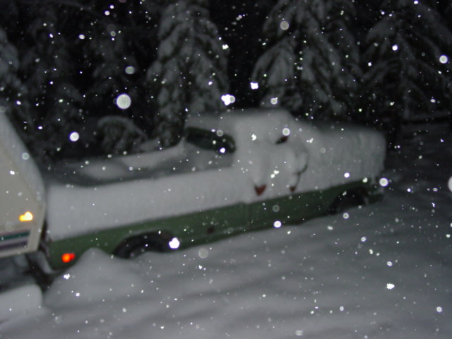Truck covered in snow at night with trees in background. Watermark reads SUPERMOTORS