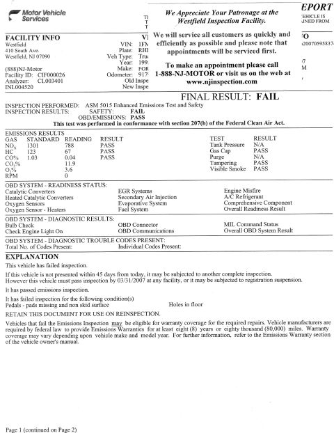 1995 Ford Bronco - This document details a failed vehicle inspection, including emissions and diagnostic results.